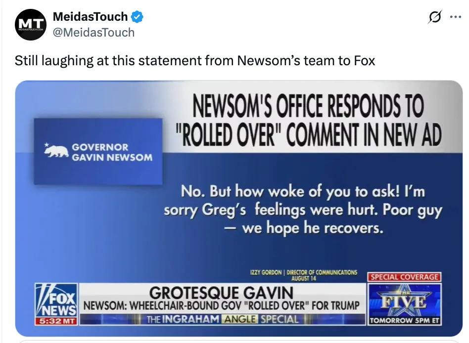 Screenshot of a tweet containing a statement from Newsom's office responding mockingly to a Fox News headline about a new ad