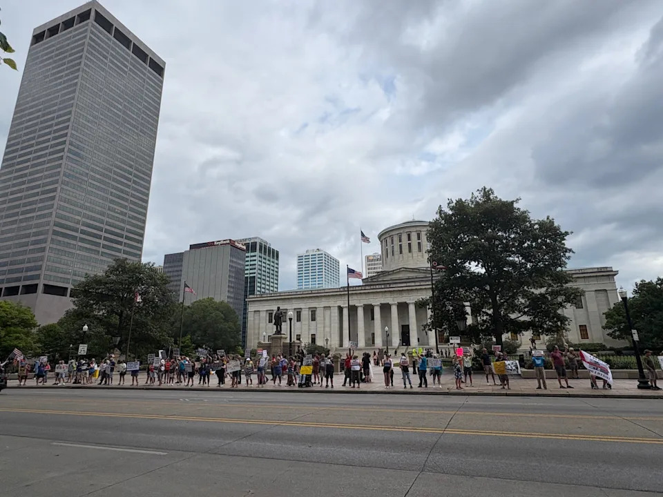 Approximately 50 people came to a protest outside of the Ohio Statehouse organized earlier that day by 50501 to voice opposition to Gov. Mike DeWine sending 150 National Guard troops to Washington, D.C.
