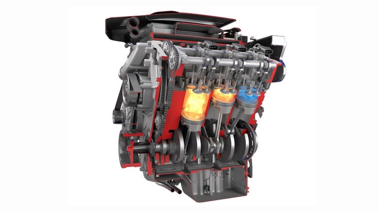 A graphic showing an engine cutaway with two cylinders firing.
