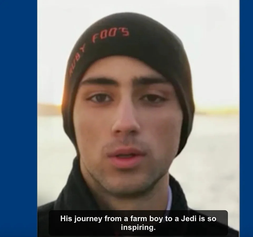 Person wearing a beanie, with caption: "His journey from a farm boy to a Jedi is so inspiring."