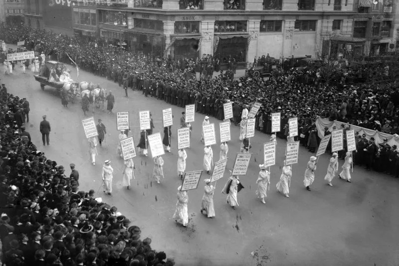 More than 25,000 women take to New York City's Fifth Avenue on October 23, 1915, advocating for women’s voting rights. On August 26, 1920, eight days after it was ratified, the 19th Amendment to the U.S. Constitution went into effect -- giving women the right to vote. File Photo courtesy of the Library of Congress