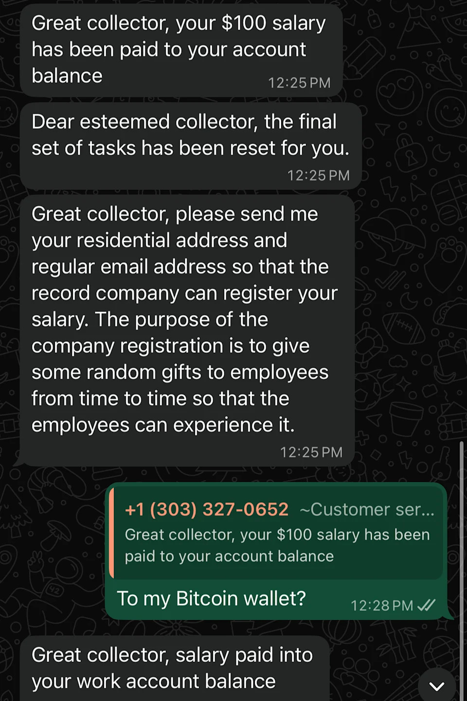 A series of messages from the "Customer Service" WhatsApp account alerting the author that he has been paid various amounts for his work and asking for his residential address and email.