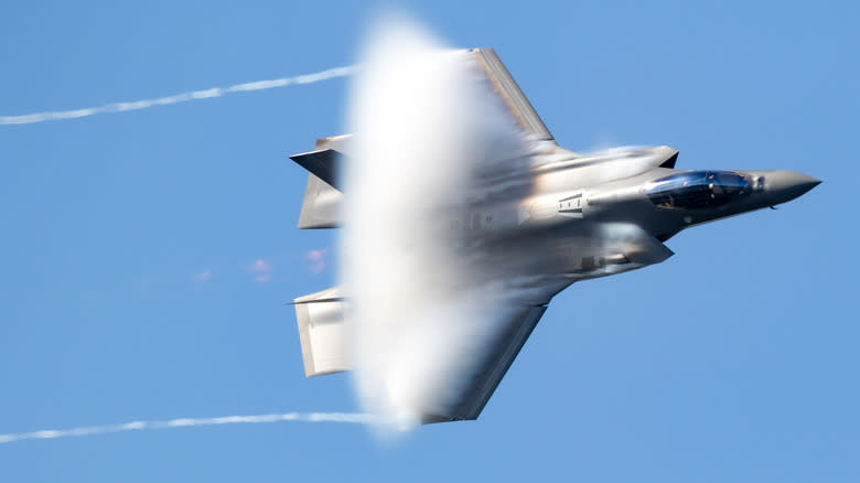 An F-35 in flight over Kleine Brogel Airbase in Belgium