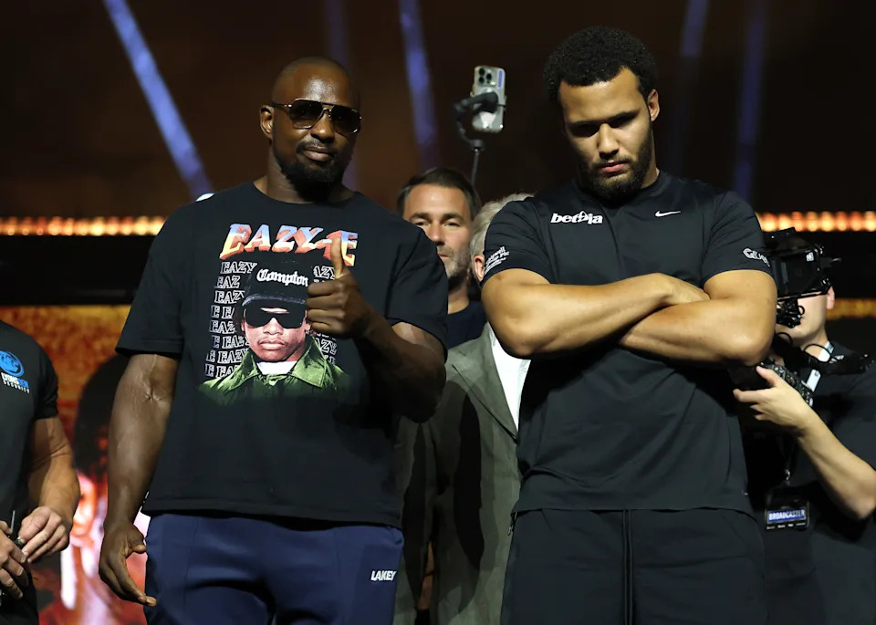 RIYADH, SAUDI ARABIA - AUGUST 14: Dillian Whyte and Moses Itauma pose for a photo after facing off ahead of their Heavyweight Fight during a press conference as part of the Dillian Whyte v Moses Itauma: ESports World Cup event at Kingdom Arena on August 14, 2025 in Riyadh, Saudi Arabia. (Photo by Richard Pelham/Getty Images)
