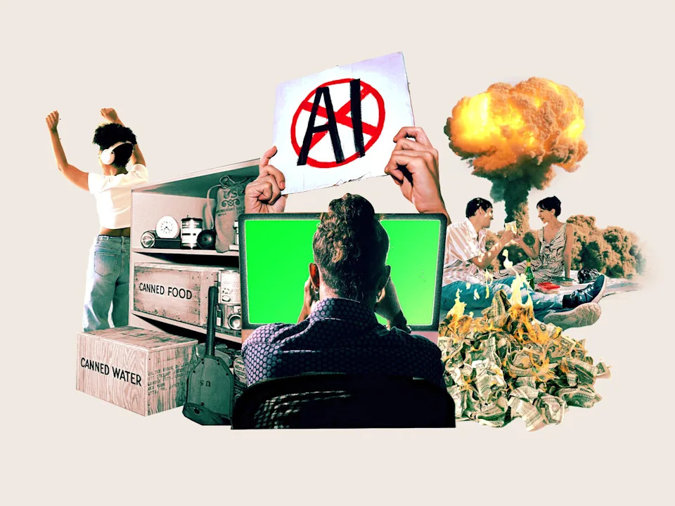 Collage of a tech worker on a computer, dancing woman, bunker food prep, "No AI" protester, couple toasting before an atomic blast, and burning cash.