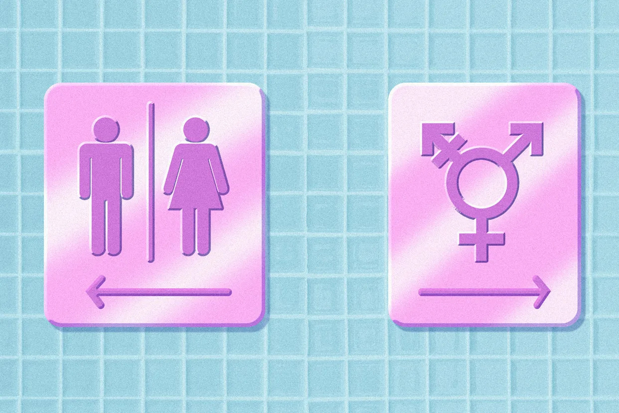 Two bathroom signs, one singling out transgender people. (Tilde Oyster / NBC News)