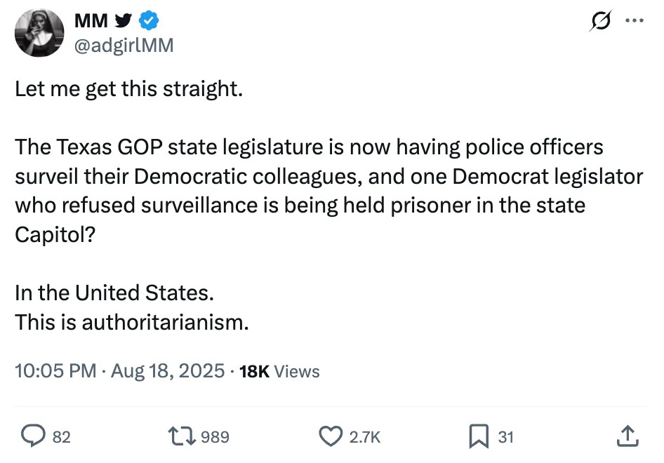 Tweet raising concerns about police surveillance of Democratic colleagues by Texas GOP and the imprisonment of a Democrat who resisted in the state Capitol