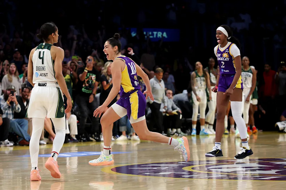 LOS ANGELES, CALIFORNIA - AUGUST 10: Kelsey Plum #10 and Rickea Jackson #2 of the Los Angeles Sparks celebrate defeating the Seattle Storm at Crypto.com Arena on August 10, 2025 in Los Angeles, California. NOTE TO USER: User expressly acknowledges and agrees that, by downloading and or using this photograph, user is consenting to the terms and conditions of the Getty Images License Agreement.  (Photo by Luke Hales/Getty Images)