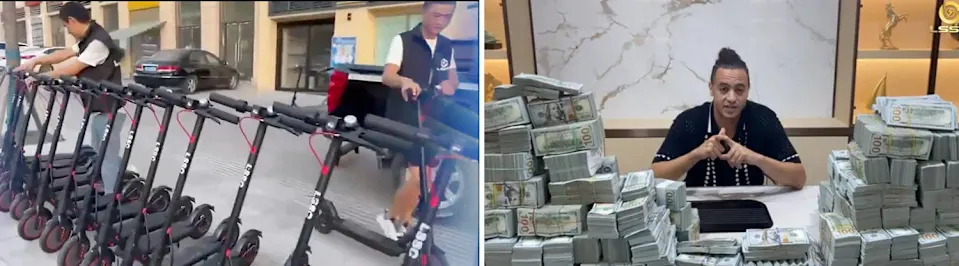 Screengrabs of LSSC promotional videos: footage of the alleged scooter fleet in Hong Kong (L) and a recruitment video featuring an LSSC general manager who identifies himself as Danny. (LSSC)