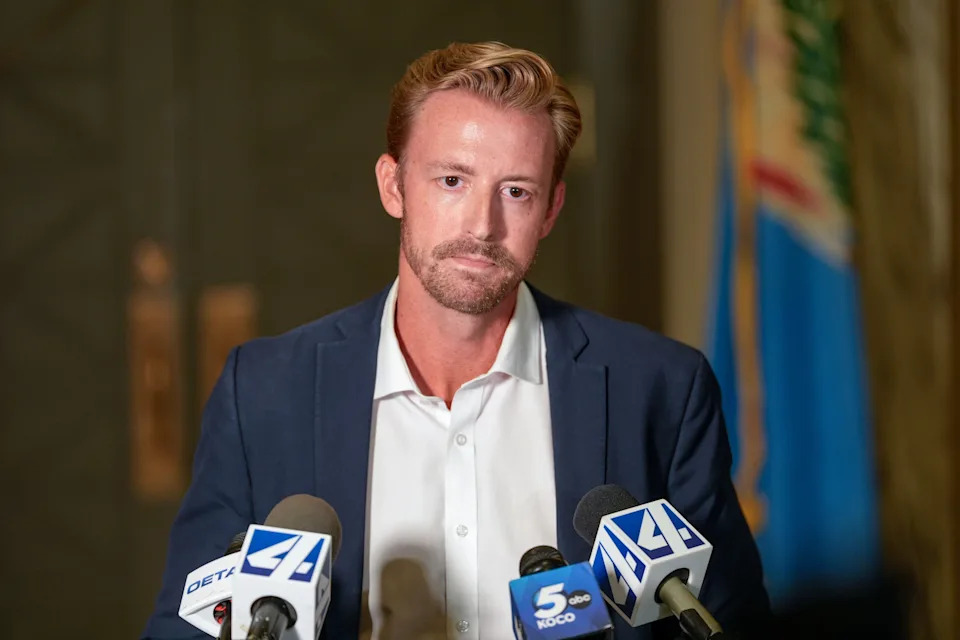 Oklahoma schools Superintendent Ryan Walters speaks at a press conference at the Oklahoma Capitol following allegations of nudity displayed at a school board meeting in Oklahoma City on Tuesday, July 29, 2025.
