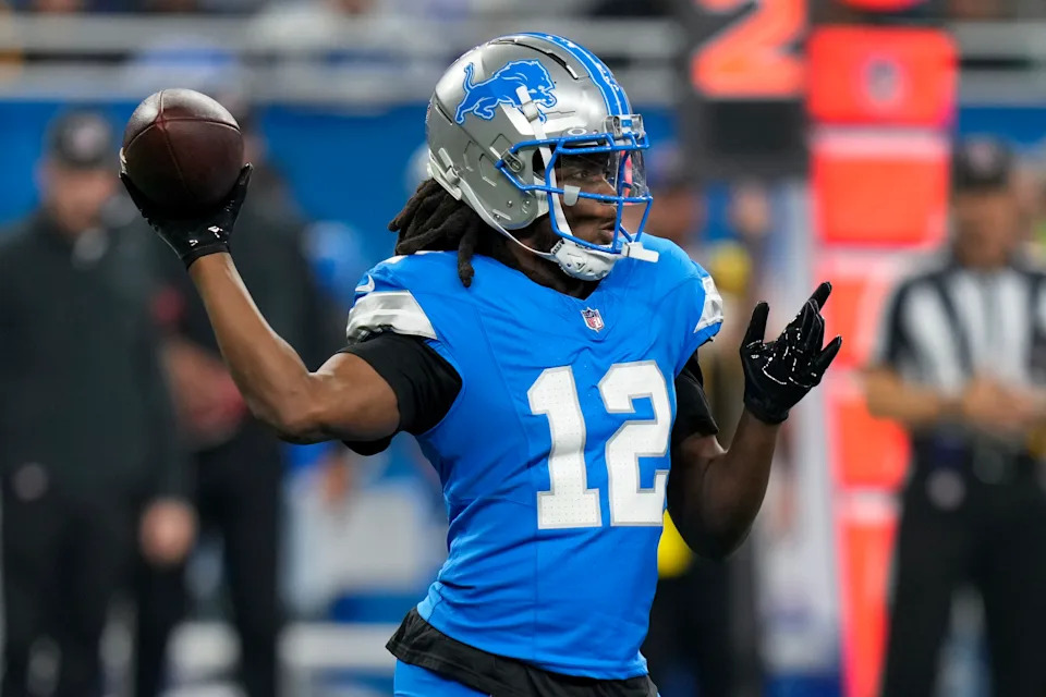 FILE - Detroit Lions quarterback Teddy Bridgewater (12) throws against the Washington Commanders during the first half of an NFL football divisional playoff game, Saturday, Jan. 18, 2025, in Detroit. (AP Photo/Seth Wenig, File)