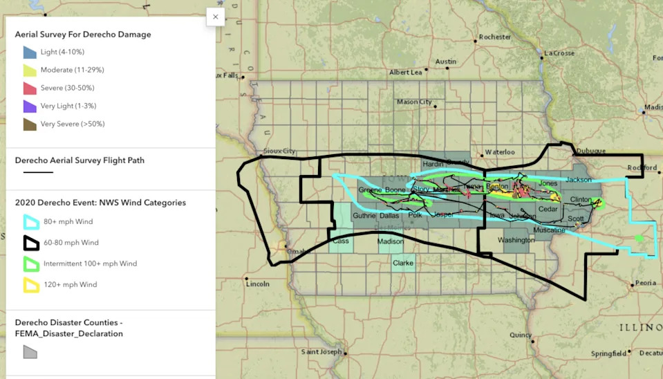 A map of the 2020 derecho and its impact on Iowa communities. (Map courtesy of DNR)