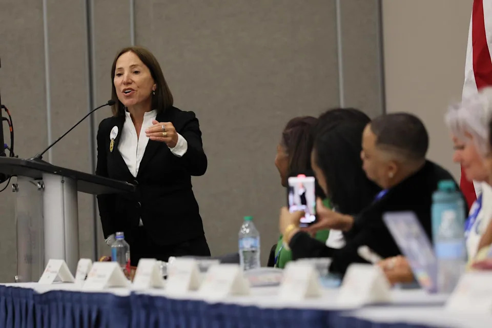 Eleni Kounalakis, lieutenant governor of California, speaks at the Women's Caucus at the California Democratic Party
