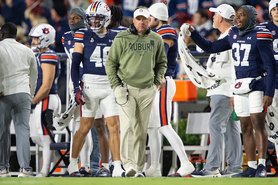 AUBURN, ALABAMA - NOVEMBER 23: Head coach Hugh Freeze of the Auburn Tigers during their game against the Texas A&M Aggies at Jordan-Hare Stadium on November 23, 2024 in Auburn, Alabama. (Photo by Michael Chang/Getty Images)