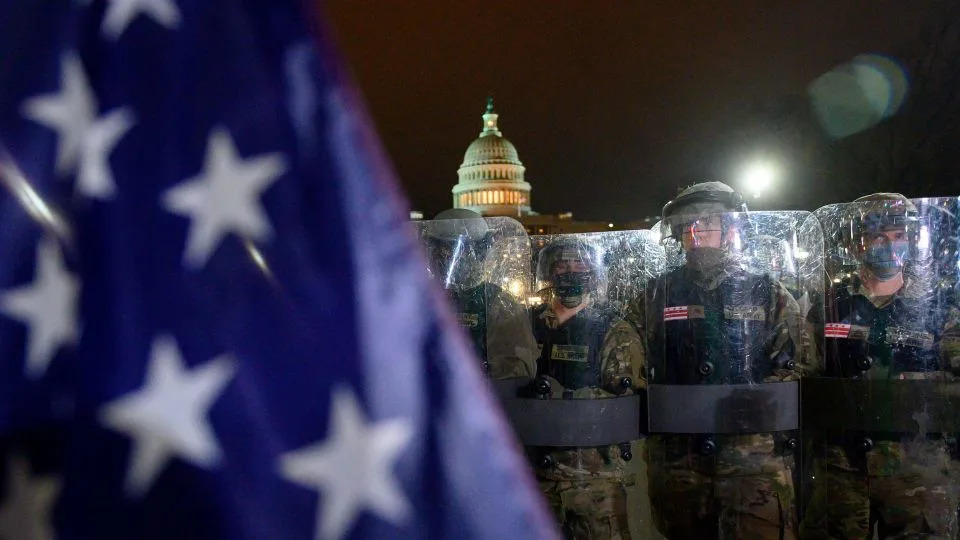 Members of the DC National Guard are deployed outside of the US Capitol in Washington, DC, on January 6, 2021. - Andrew Caballero-Reynolds/AFP/Getty Images