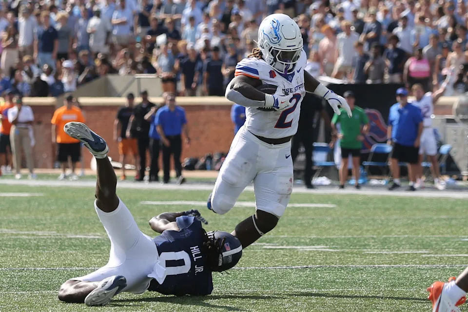 Aug 31, 2024; Statesboro, Georgia, USA; Boise State Broncos running back Ashton Jeanty (2) gains yardage against the Georgia Southern Eagles at Paulson Stadium. Mandatory Credit: Richard Burkhart/Savannah Morning News-USA TODAY Sports