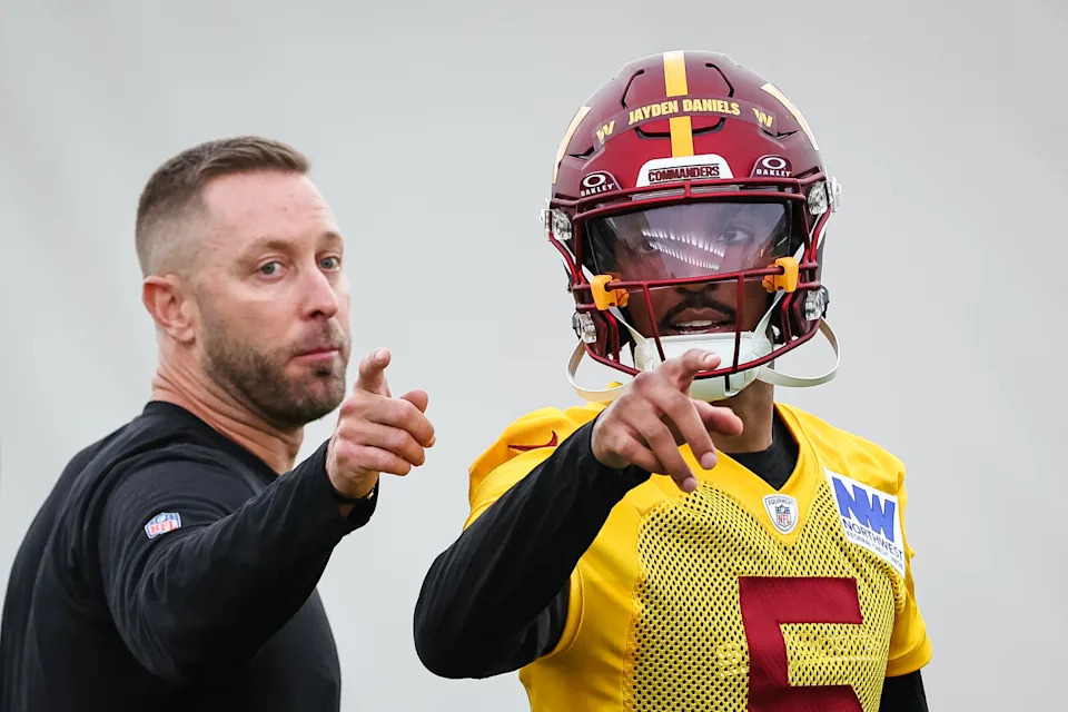 Kliff Kingsbury and Jayden Daniels' partnership is just the latest example of NFL offenses going up-tempo. (Photo by Scott Taetsch/Getty Images)