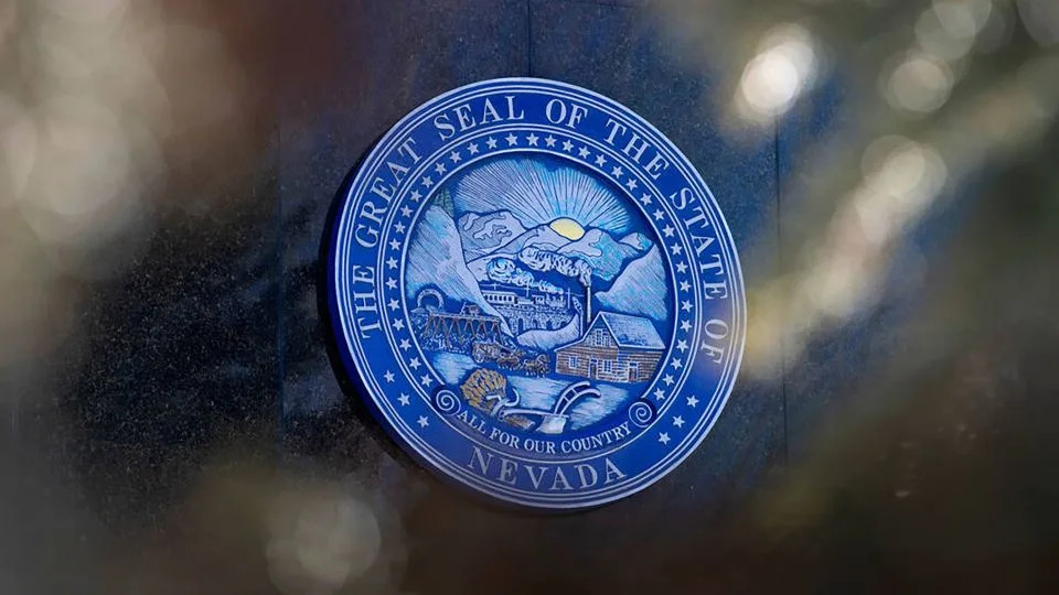 The Nevada state seal adorns the Nevada Legislature Building in Carson City, on February 8, 2023. - Las Vegas Review-Journal/Tribune News Service/Getty Images