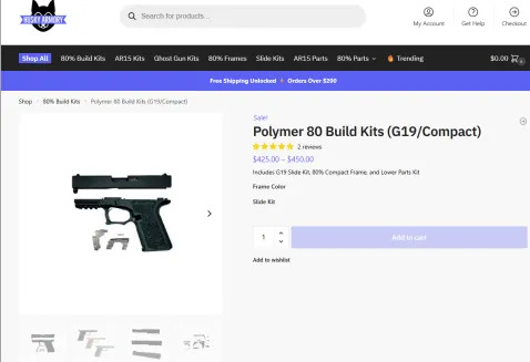 A screenshot of the Husky Armory product page for the pistol-building kit that Henry purchased. Archived June 3, 2023, the month before Henry purchased the kit. (Thomas Law Office)