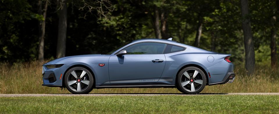 A 2025 Ford Mustang in brittany blue.