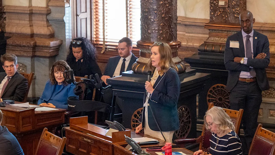 Senate Minority Leader Dinah Sykes appears on the Senate floor on April 10, 2025