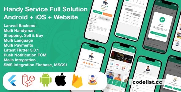 Flutter Handy service v5.0 - On-Demand Home Services & Shopping Android + iOS + Website Full Solution Laravel