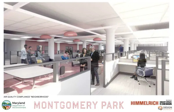 An early conceptual rendering shows a mock-up of new employee office space at the Maryland Department of the Environment. Department of General Services officials said the renderings are “not the most current,” adding that updated renderings are being prepared by the landlord’s architect. (Screenshot of renderings provided through a public records request)