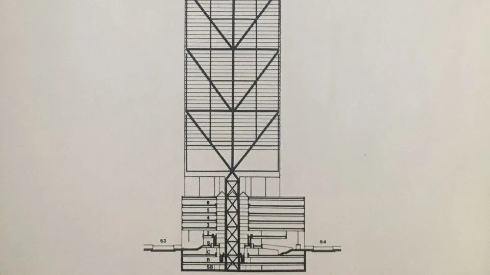 A cross-section of the tower showing LeMessurier’s innovative chevron bracing system. - Michael Greenburg