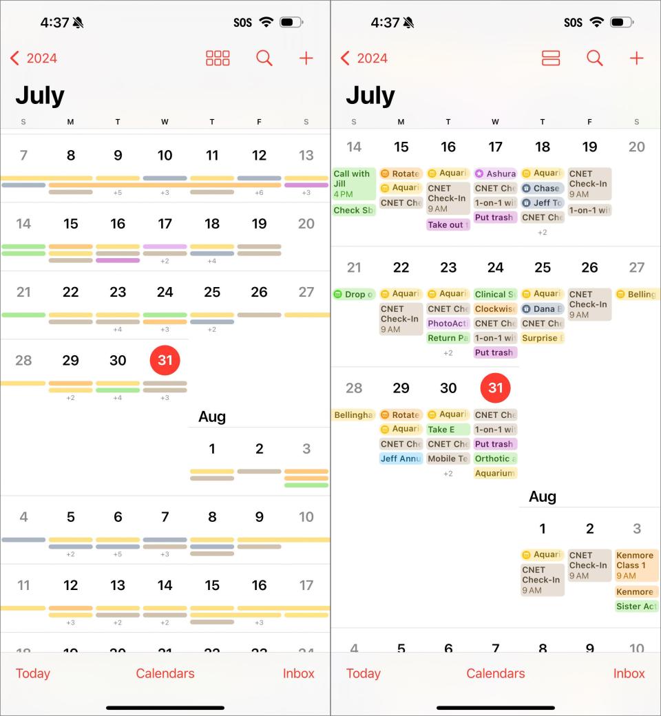 Two iOS 18 screenshots of the Calendar app in Month view, the left with colored bars indicating events and the right with text details for each event.