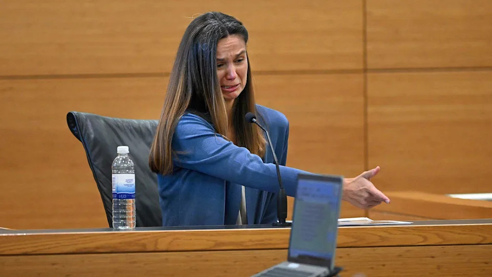 Ashley Benefield takes the stand in her trial for the murder of her estranged husband Doug Benefield. / Credit: Pool/Bradenton Herald