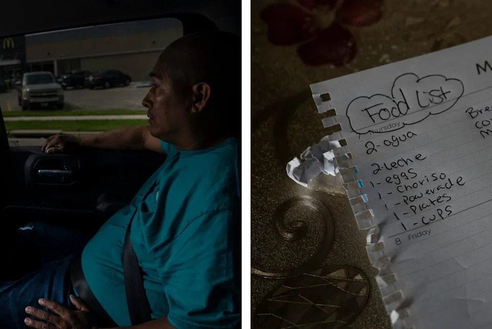 Left: Jaime, right, and Geovanna ride back home after meeting with a lawyer. Right: Geovanna’s shopping list as seen in her home.