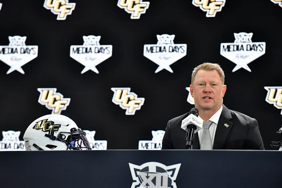 FRISCO, TX - JULY 08: UCF Knights coach Scott Frost talks during day one of Big 12 Media Days on Tuesday, July 08, 2025 at the Ford Center at The Star in Frisco, TX. (Photo by Austin McAfee/Icon Sportswire via Getty Images)