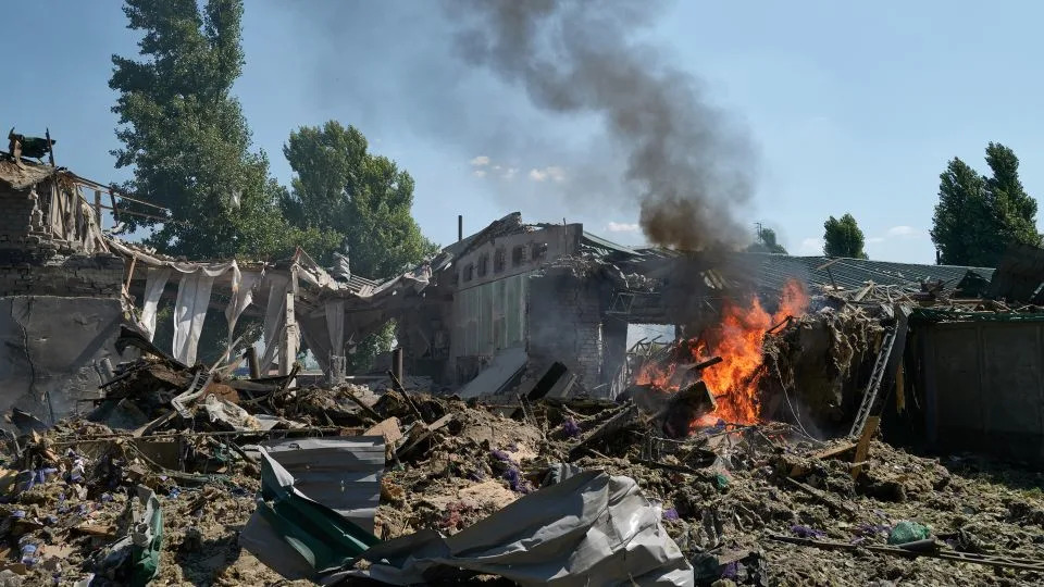 The remains of stores burn following an airstrike by Russian invading forces on August 17, 2025 in Bilozerske, Ukraine. - Pierre Crom/Getty Images