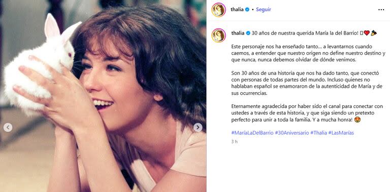 El emotivo posteo que realizó Thalia a 30 años de María la del barrio (Foto: Captura Instagram/@thalia)