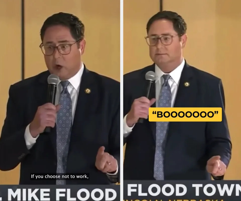 Man in a suit speaking at an event. Audience responds negatively with "BOOOOOO" in bold text overlay on the second image