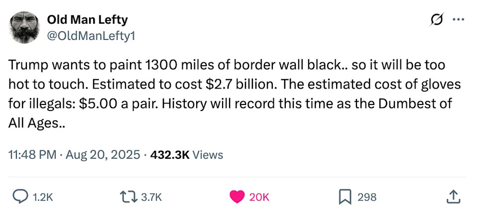 Tweet mocks a plan to paint the border wall black, calling it a costly and ineffective strategy, labeled as "Dumbest of All Ages."