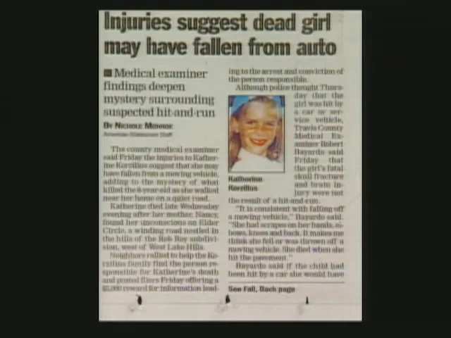 Newspaper clipping saying injuries suggest dead girl may have fallen from auto
