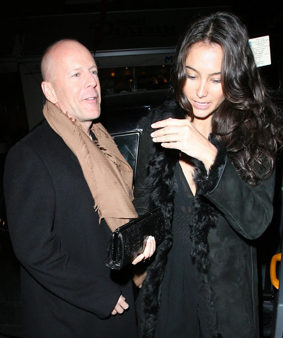 Bruce Willis and Emma Heming arrive back at the Covent Garden Hotel in a black cab having had had dinner at The Ivy restaurant