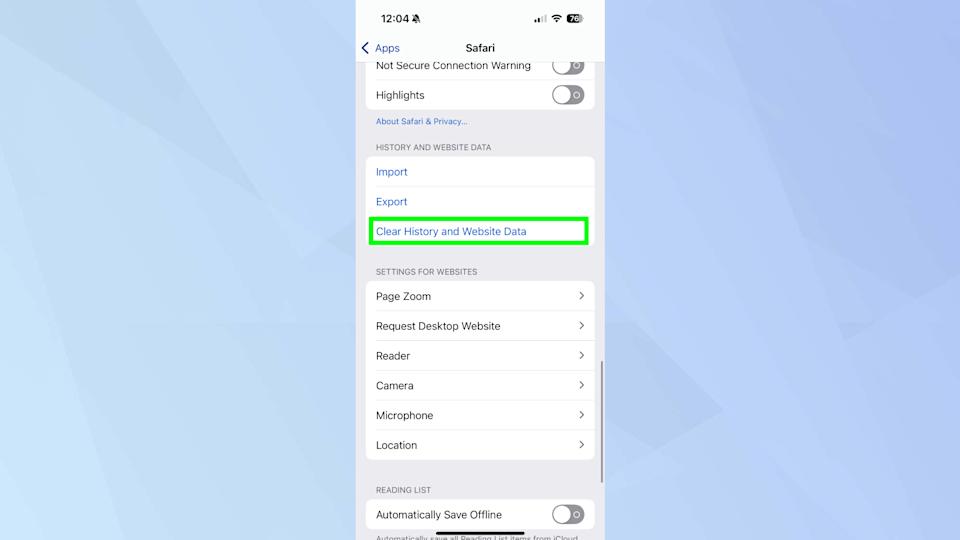 Clear history and website data highlighted