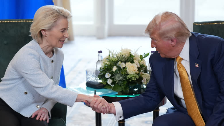 President of the European Commission Ursula von der Leyen shakes hands with U.S. President Donald Trump during a meeting at Trump Turnberry golf club on July 27, 2025 in Turnberry, Scotland. U.S. President Donald Trump is visiting his Trump Turnberry golf course, as well as Trump International Golf Links in Aberdeenshire, during a brief visit to Scotland from July 25 to 29.