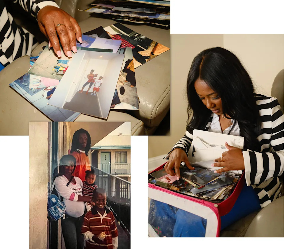 Lakeita Williams sorts through a collection of photos taken in the period immediately following the storm, on Aug. 23, 2025. Most of her family photos from before Katrina were lost in the flooding. (Brandon Holland for NBC News; courtesy Lakeita Williams)
