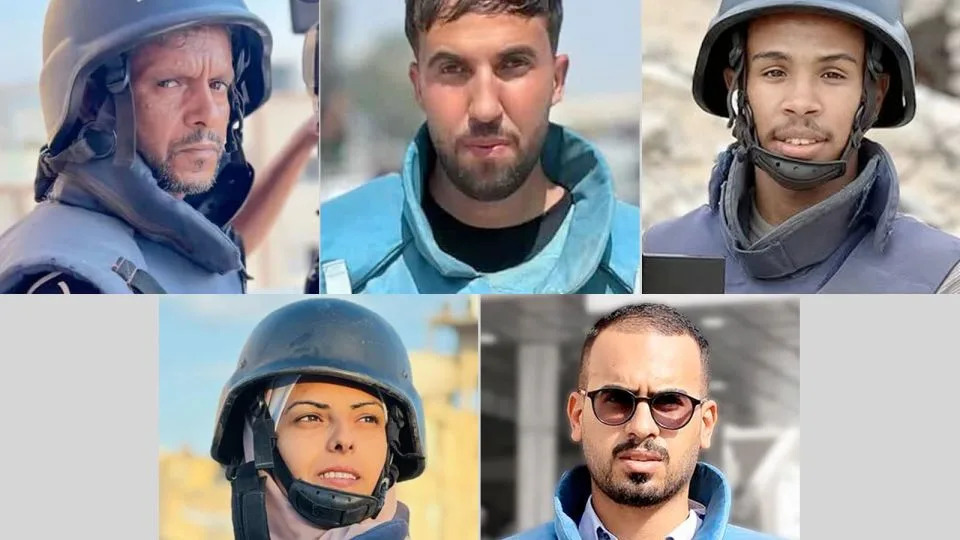 Top row: Hussam Al-Masri, Moath Abu Taha and Mohammad Salama. Bottom row: Mariam Abu Daqqa and Ahmed Abu Aziz. An Israeli "double-tap" strike killed all five journalists in Gaza on Monday. - Obtained by CNN
