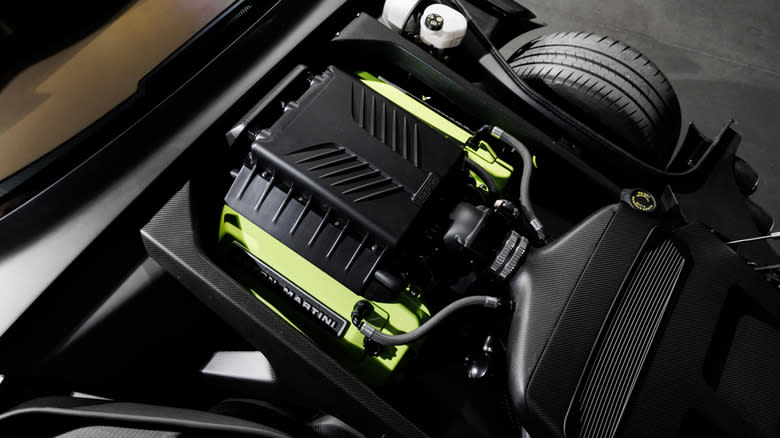 An underhood shot of Octavia's beautiful custom carbon-fiber engine bay and the supercharged V8