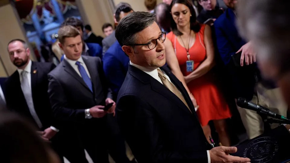 House Speaker Mike Johnson speaks to members of the media outside the House Chamber at the US Capitol on July 23, 2025. - Andrew Harnik/Getty Images