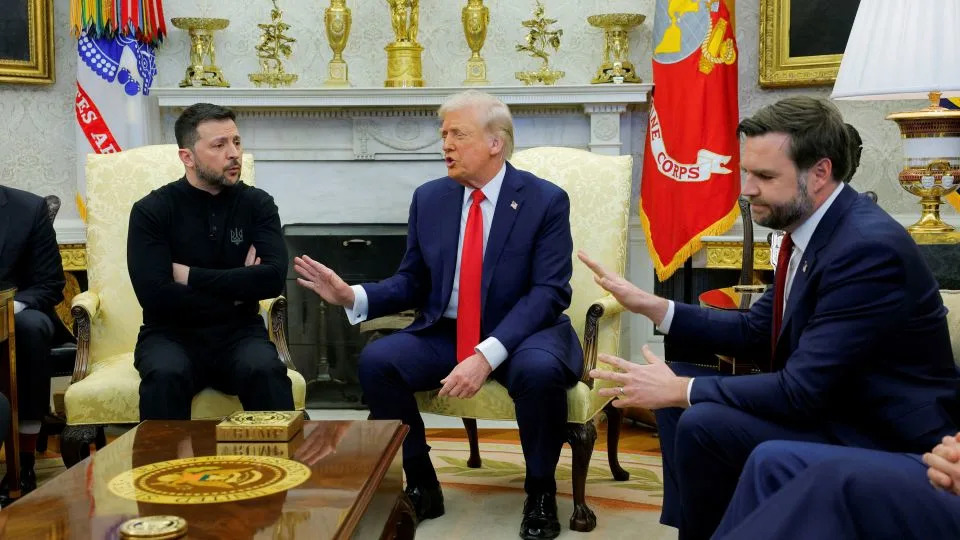US President Donald Trump and Vice President JD Vance meet with Ukrainian President Volodymyr Zelensky at the White House in Washington, DC, on February 28. - Brian Snyder/Reuters