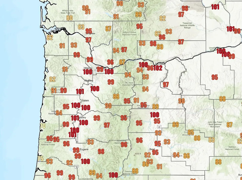 High temperatures recorded on Aug. 10 across northwest Oregon.