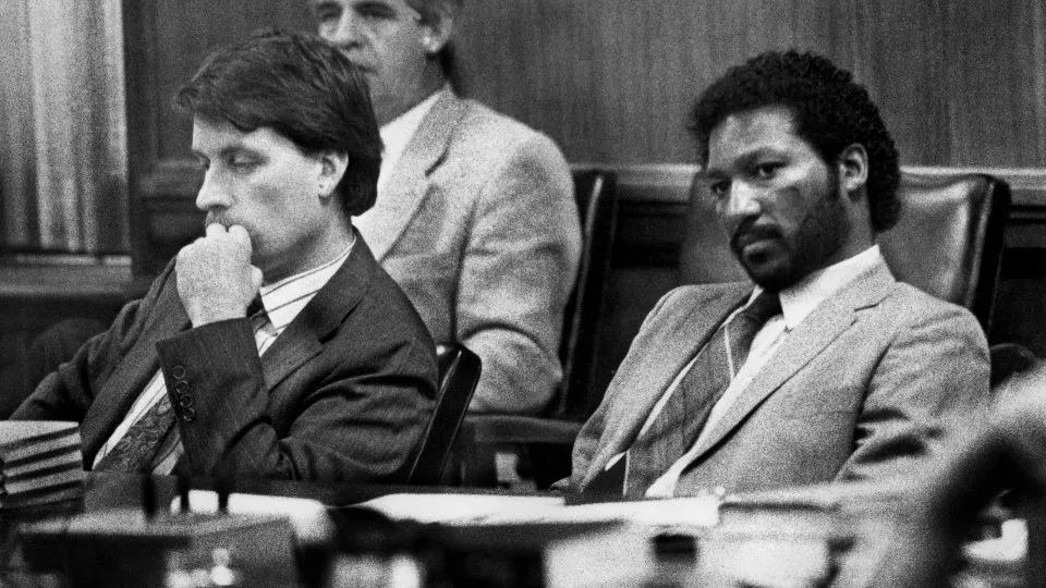 Byron Lewis Black, right, listens to testimony during his murder trial alongside his attorney, Assistant Public Defender Ross Alderman, in Metro’s Circuit Court at the Davidson County Courthouse on March 9, 1989. - Billy Easley/The Tennessean/USA Today Network/Imagn Images