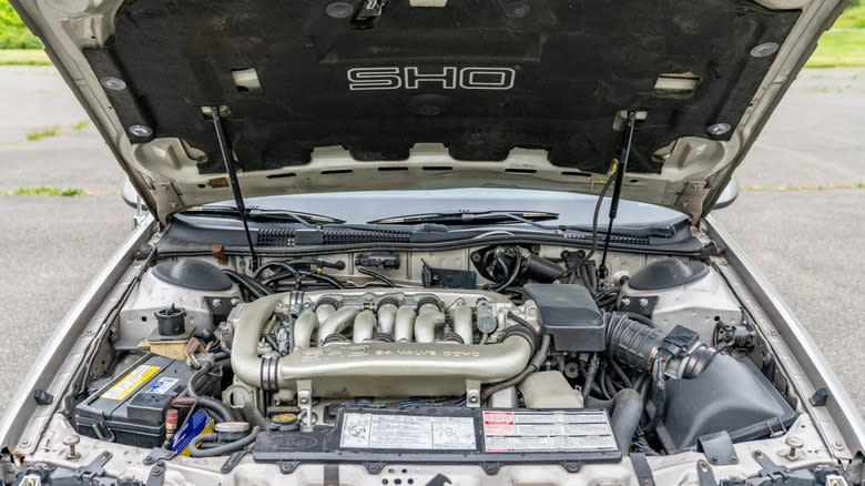 an underhood shot of the 1989 Taurus SHO's beautiful Yamaha engine