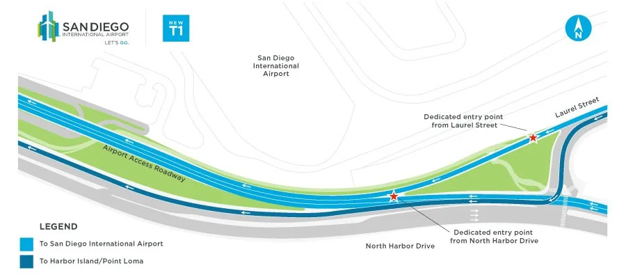 The map shows the on-airport roadway entrance from West Laurel Street and North Harbor Drive. (San Diego International Airport)