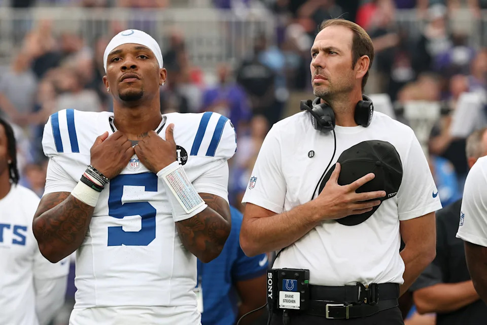 Anthony Richardson Sr. of the Indianapolis Colts will begin the season on the sideline next to head coach Shane Steichen as Daniel Jones starts the opener. (Photo by Logan Bowles/Getty Images)
